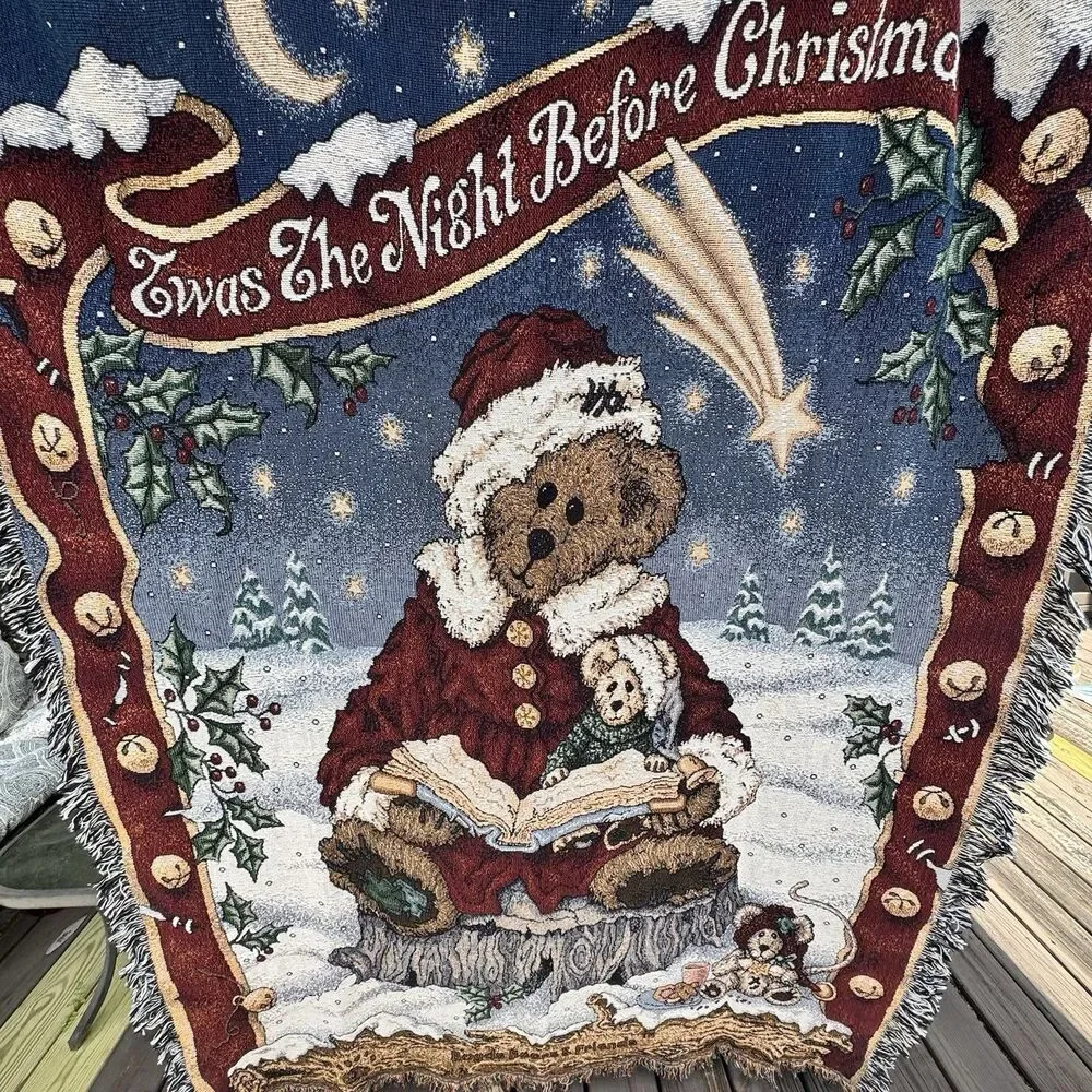Vtg Boyds Bears Night Before Christmas Teddy Woven Throw Blanket Tapestry